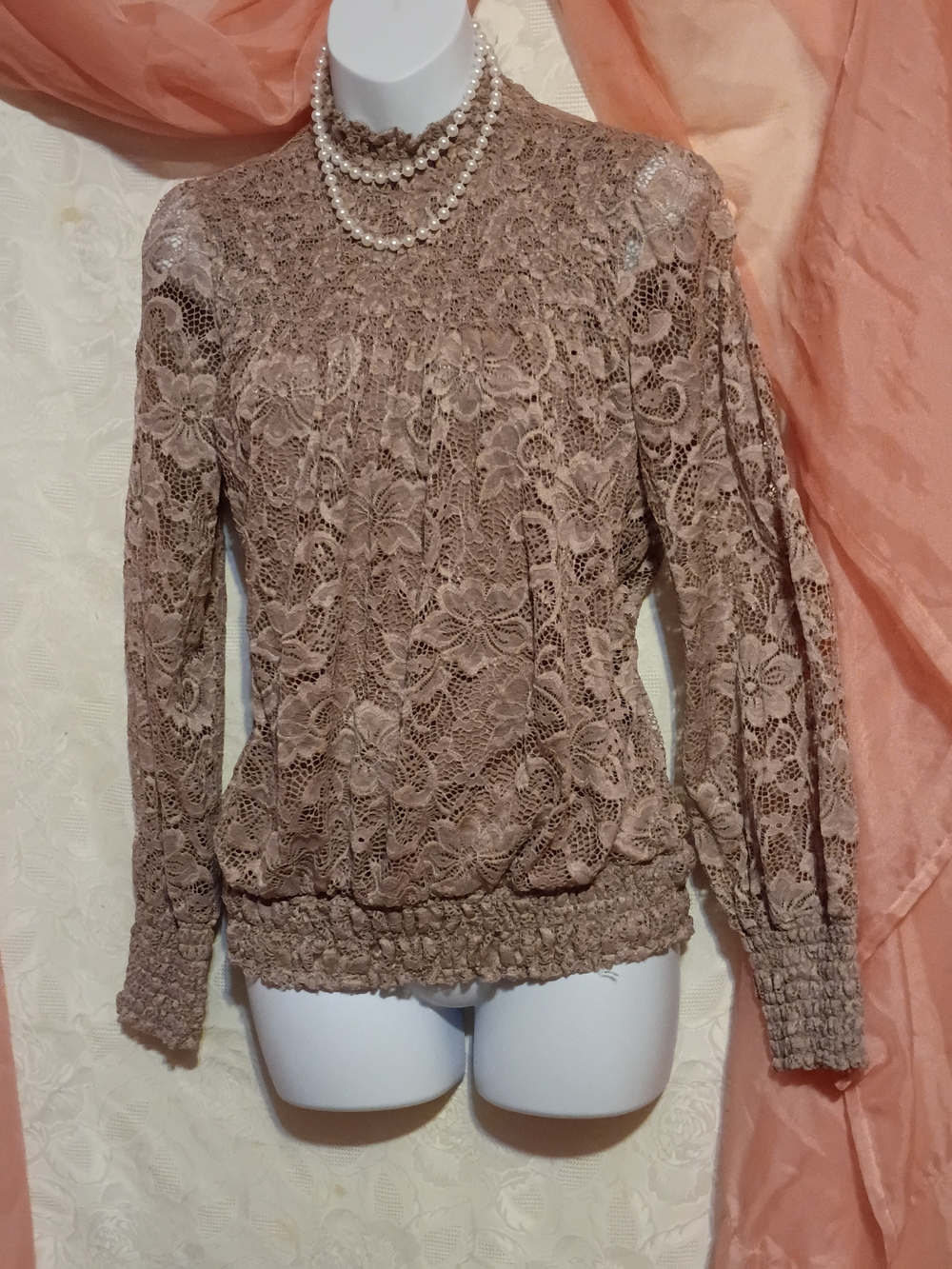 Cable & Gauge Ladies Taupe Lace Long-Sleeve Blouse Sz Sm